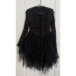 Blithe LA Lace Up Dress Goth Black Tiered Tulle Steampunk Size Medium‎